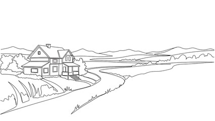 Obraz premium Line art drawing of a twostory house situated in a rural landscape with a winding road and distant mountains and water body, black and white sketch