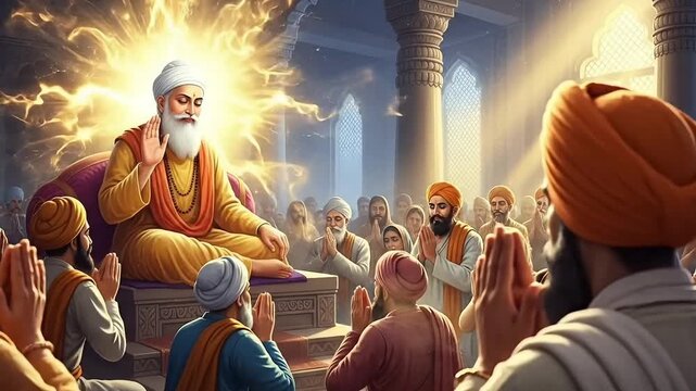 Guru Ravidas Jayanti animated spiritual visual showing saint blessing followers with glowing light sacred hall atmosphere and devotional cultural motion story