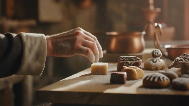 Cinematic Close-Up of Artisan Baker Hand with Flour Dust Arranging Traditional Italian Befana Sweets, Rustic Kitchen Background with Copper Pots