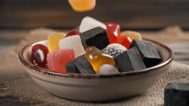 Cinematic Super Slow Motion of Traditional Italian Befana Sweets and Carbone Dolce (Sugar Coal) Falling into Rustic Ceramic Bowl, Festive Epiphany Candy Concept