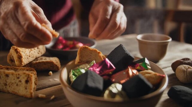 Cinematic Close-Up of Grandmother's Hands Arranging Traditional Italian Befana Sweets and Biscotti, Steaming Cup Background, Authentic Family Epiphany Holiday