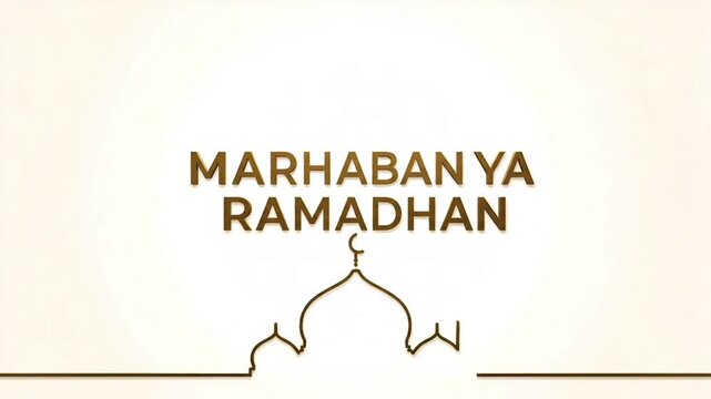 Islamic greeting card with 'Marhaban Ya Ramadhan' text and mosque silhouette on cream background with minimalist design