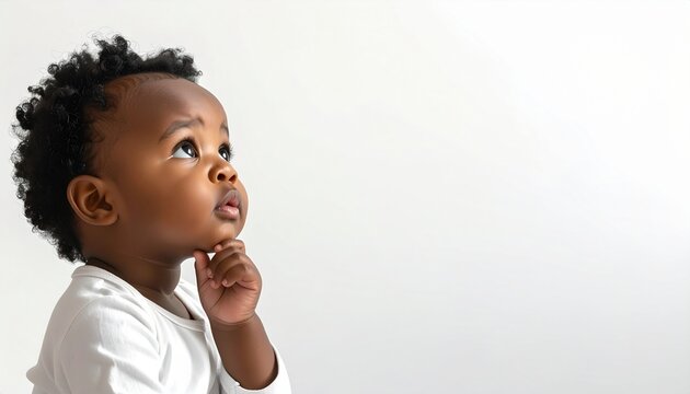 Baby concentrating with thoughtful expression on neutral background. Strong concept for attention, learning, and early cognitive development marketing.