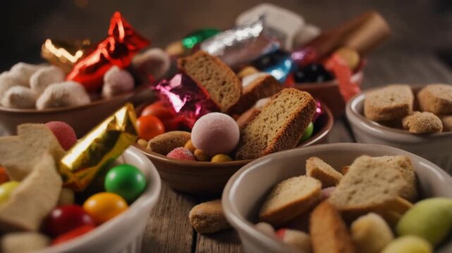 Cinematic Dolly Shot of Assorted Traditional Italian Befana Sweets and Biscotti in Ceramic Bowls, Rustic Wooden Table, Festive Holiday Buffet Concept