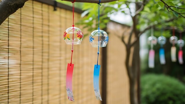 Colorful wind chimes hanging from tree branch