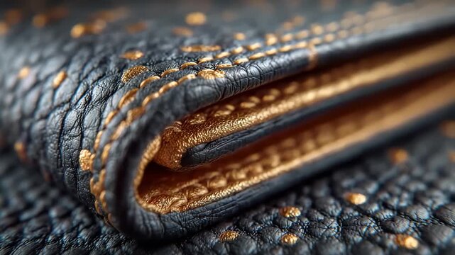 Black lychee grain leather with gold hand stitching details