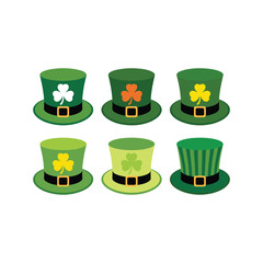 Green hats with shamrocks and black bands gold buckles various color hats isolated on white background.