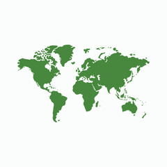 Green map on white background continents geography global map concept isolated on white background.