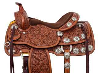 Intricately designed western saddle isolated on transparent background