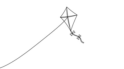 Simple black and white line drawing of a diamondshaped kite flying on a string against a plain white background