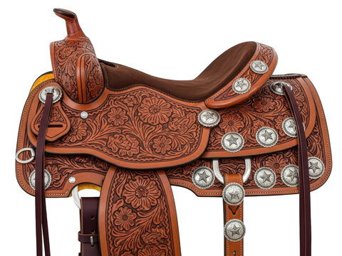Intricately designed western saddle isolated on transparent background