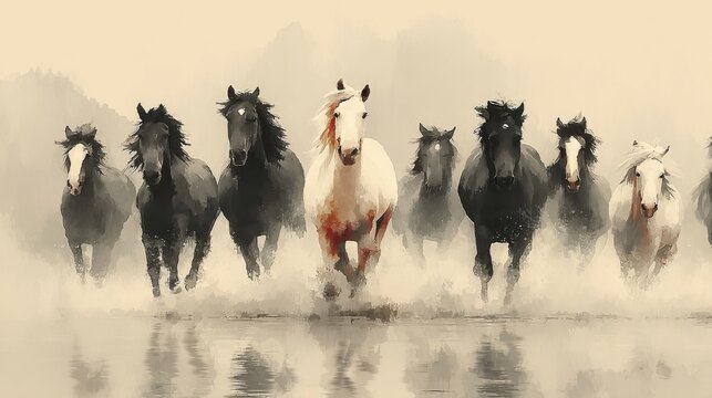  Watercolor Painting of Black, White, and Brown Mustangs Running in the Wild River.
