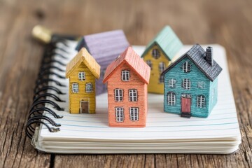 Tiny homes business concept showing colorful model houses on a notebook, symbolizing the growing trend of compact living spaces in urban environments
