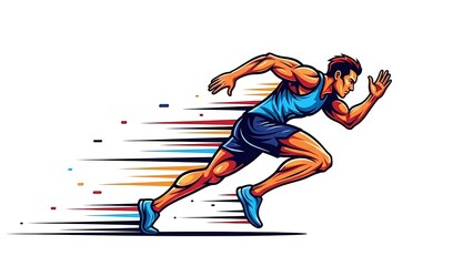 Muscular man running fast with colorful motion lines behind him