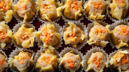High-angle top view of numerous Siu Mai (shumai) dumplings arranged compactly in individual paper liners. Features a repetitive geometric pattern of yellow wrappers and orange carrot garnishes.