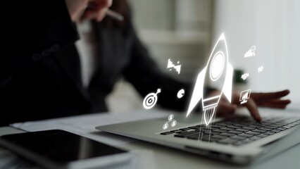 Startup launch and business growth concept, rocket symbolism, entrepreneurship, startup innovation,...