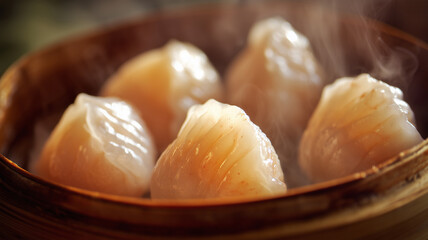 Close-up of authentic Chinese Har Gow dumplings served in a traditional wooden bamboo steamer. Features translucent pleated skin and visible rising steam for a fresh, hot culinary presentation.