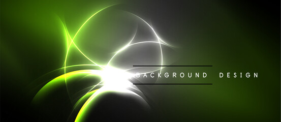 Abstract neon lines create dynamic glow. Dark background emphasizes bright curves, shapes, light effects. Modern design element.