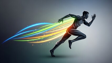 Dynamic runner in motion with vibrant glowing trails of light behind him