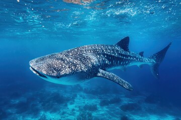 Adult sized whaleshark Rhincodon typus gracefully swimming in clear tropical waters near coral reef during a sunny day