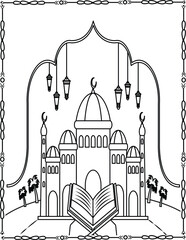 Islamic Mosque and Open Quran Artwork. Islamic Mosque and Open Quran Coloring Page For Kids And Adults.