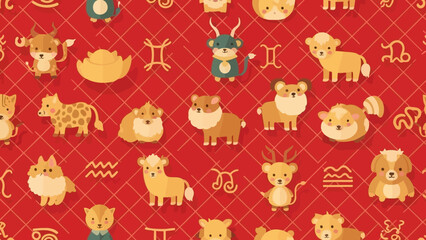 Materiał do szycia Cute Seamless Pattern with Chinese Zodiac Animals, Gold Ingots, and Astrology Symbols on Red Background