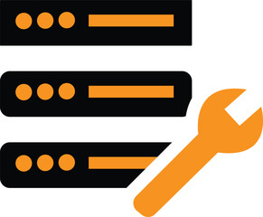 Illustration depicting essential server maintenance operations symbolized by a large orange wrench overlaid on three stacked black horizontal computer rack units indicating system repair 