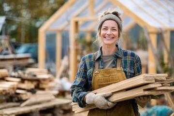 Smiling female carpenter holds wooden planks in a sunny outdoor workshop surrounded by tools and materials while wearing warm clothes in an active construction environment