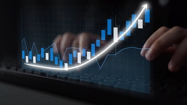 Dynamic stock market graph showcasing a rising trend line with a hand on a keyboard, symbolizing financial growth, investment strategies, and data analysis. Copula - Powered by Adobe