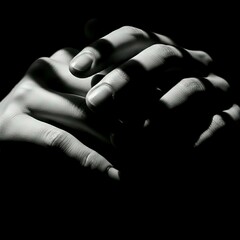 Dramatic Monochrome Interlocked Hands in Low Light. Generative AI. 