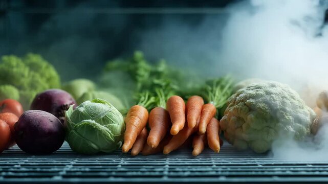 Various fresh vegetables are arranged neatly on freezer shelf, surrounded by cool mist in a grocery store