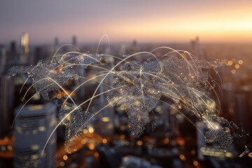 Concept of global communication and networking with a world map overlay on a city skyline at sunset, highlighting connections and technology