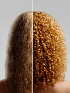 Vergleich von unbehandelten und lockigem Haar einer Frau von hinten