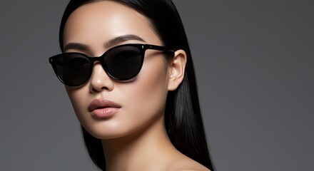 Elegant young woman with sleek dark hair confidently showcasing trendy black sunglasses in a studio portrait, emphasizing modern fashion and refined beauty