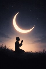 Silhouette of a person in prayer under a crescent moon