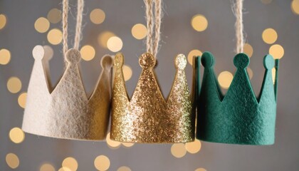 Three Hanging Crown Ornaments with Bokeh Lights Background.