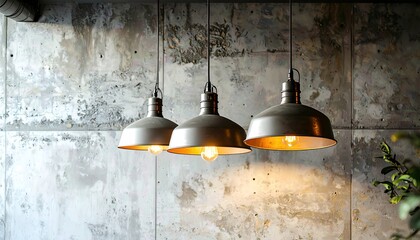 Three industrial pendant lights illuminate a textured concrete wall.