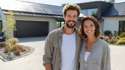 A couple smiles while standing outside their modern house featuring solar panels and a well kept garden in daylight