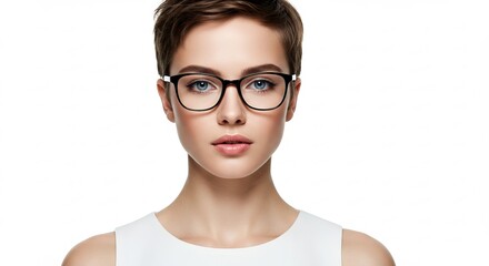 Close-up portrait of a chic young woman with short hair, confidently posing in modern eyeglasses, highlighting her refined style and sharp gaze