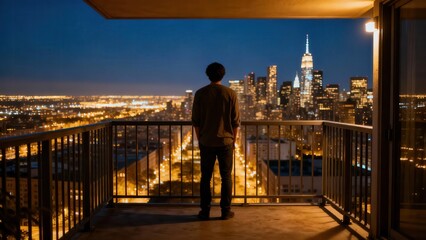 Adult male figure standing on a residential balcony gazing out at the expansive golden glow of the dense city skyline illuminated after dark.