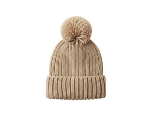 Beige knitted beanie with pom pom isolated on transparent background