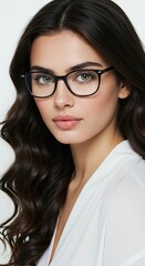 Portrait of a beautiful young woman with dark wavy hair and stylish black-framed eyeglasses, gazing thoughtfully at the viewer, exuding a sense of calm elegance and modern sophistication