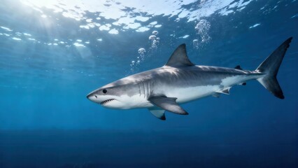 Fototapeta premium Massive Great White Shark swimming horizontally through the deep ocean with sunlight filtering from the rippling surface above.