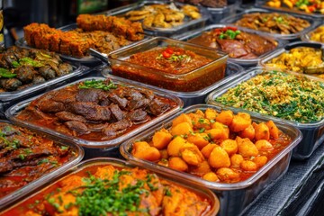 Fototapeta premium Outdoor food display featuring various culinary dishes at a vibrant market event in the afternoon sun
