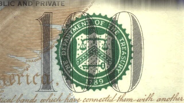 Sequence of macro images one hundred US dollar engraving details. Loop animation for inflation topics, financial analysis, economic reports, news visuals. Clean cinematic style. Part of series.