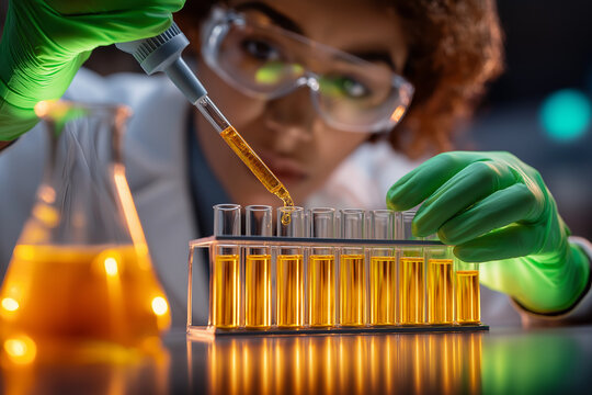 Wissenschaftlerin mit Schutzbrille und Handschuhen bei Laborarbeit mit Reagenzgl&auml;sern