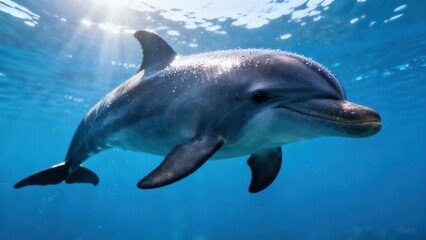 Bottlenose dolphin swimming peacefully in deep blue ocean water, illuminated by bright sunbeams from the surface above.