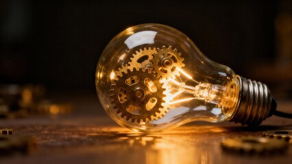 Glowing glass light bulb filled with intricate brass clockwork gears symbolizing an innovative mechanical idea.