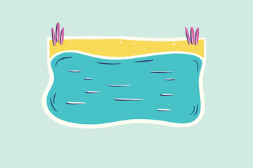 An illustrated, whimsical scene depicts a tranquil body of water meeting a sandy shoreline, all set against a soft, pastel-colored backdrop, evoking a sense of calm.