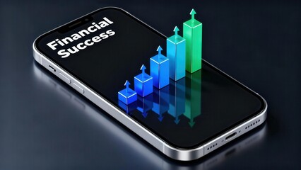 Mobile phone screen showing the text 'Financial Success' above reflective blue and green 3D bar graph pillars indicating growth.